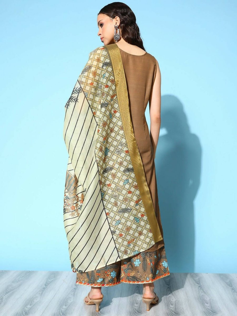 Ahalyaa Women's Brown Colour Cotton Blend Digital Printed Kurta Palazzo Set With Dupatta | Swadesiicart