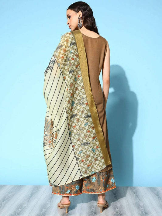 Ahalyaa Women's Brown Colour Cotton Blend Digital Printed Kurta Palazzo Set With Dupatta | Swadesiicart
