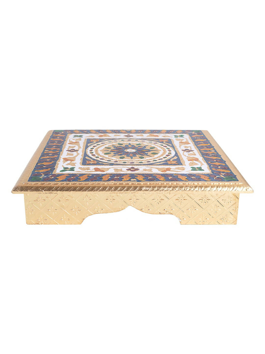 Golden Peacock Gold-Toned & Red Handcrafted Meenakari Wooden Chowki | Swadesiicart