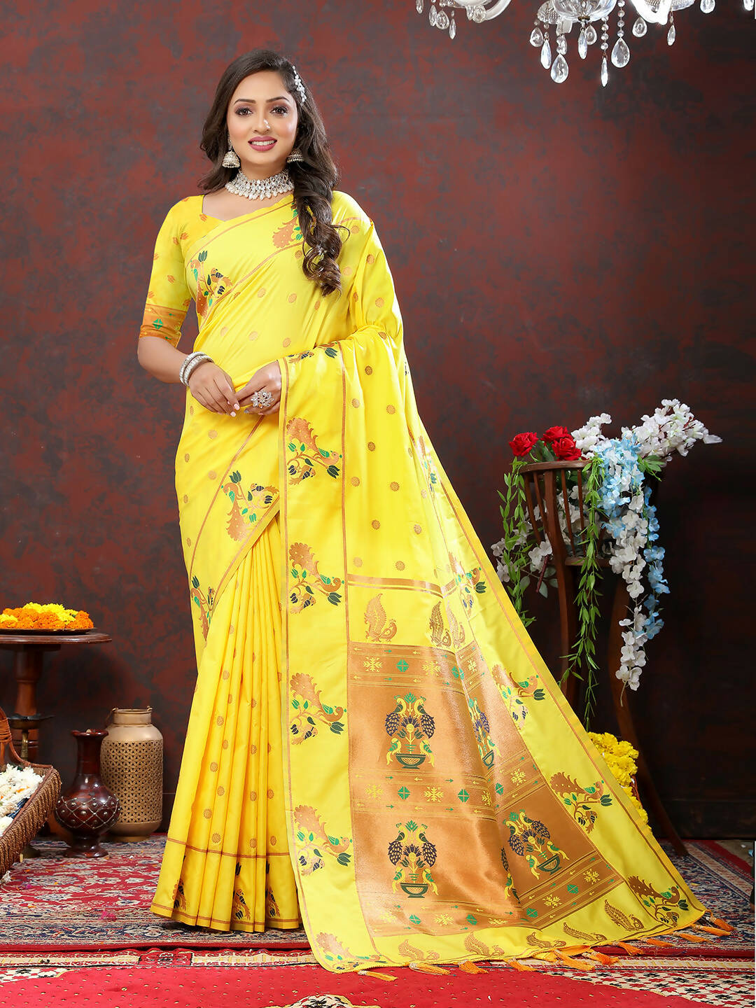 Lorenvalley Fashion Yellow Soft Paithani Silk Woven Design Copper Zari Meenakari Weaving Saree - Swadesiicart