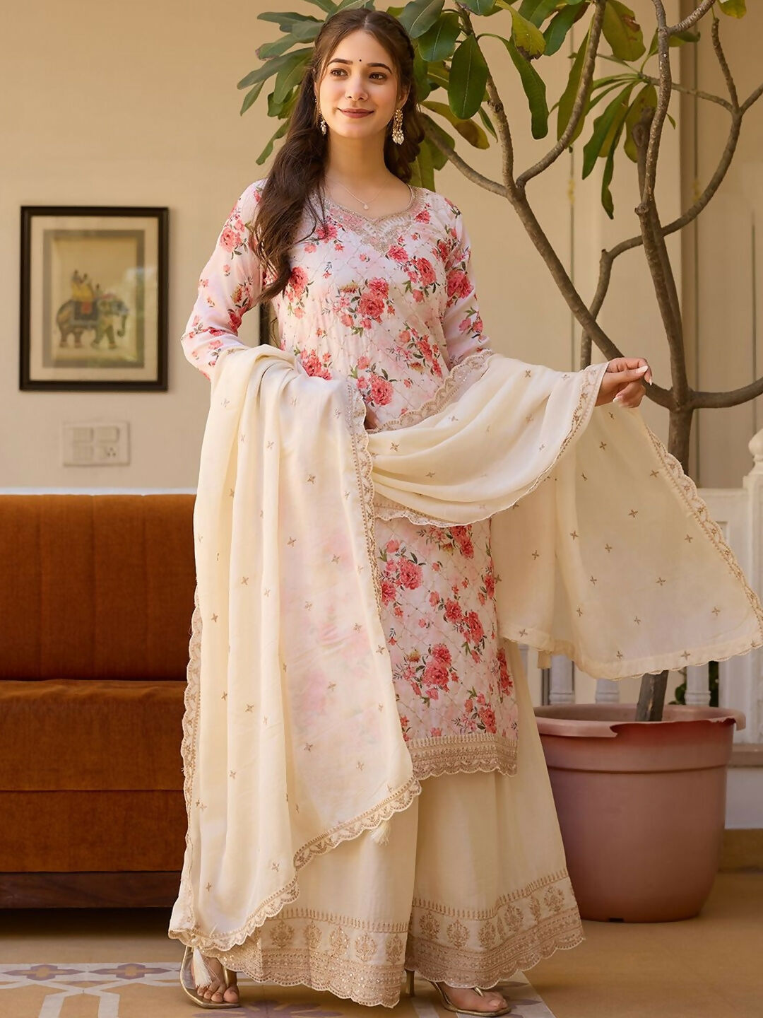 The52 White Women's Gorgeous Embroidered Chinon Fabric Straight Kurta Palazzo and Dupatta Set - Swadesiicart