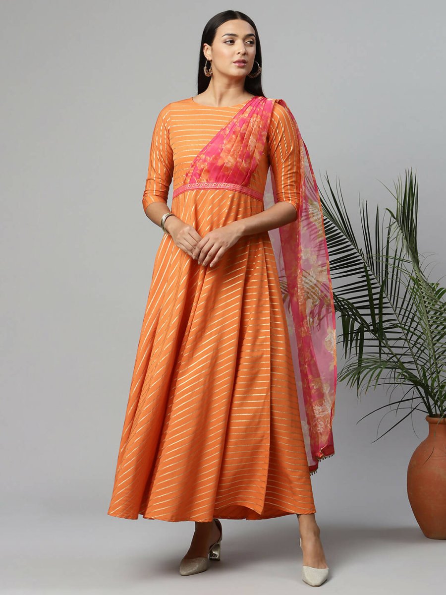 Ahalyaa Women's Orange Crepe Gold Print Dress | Swadesiicart