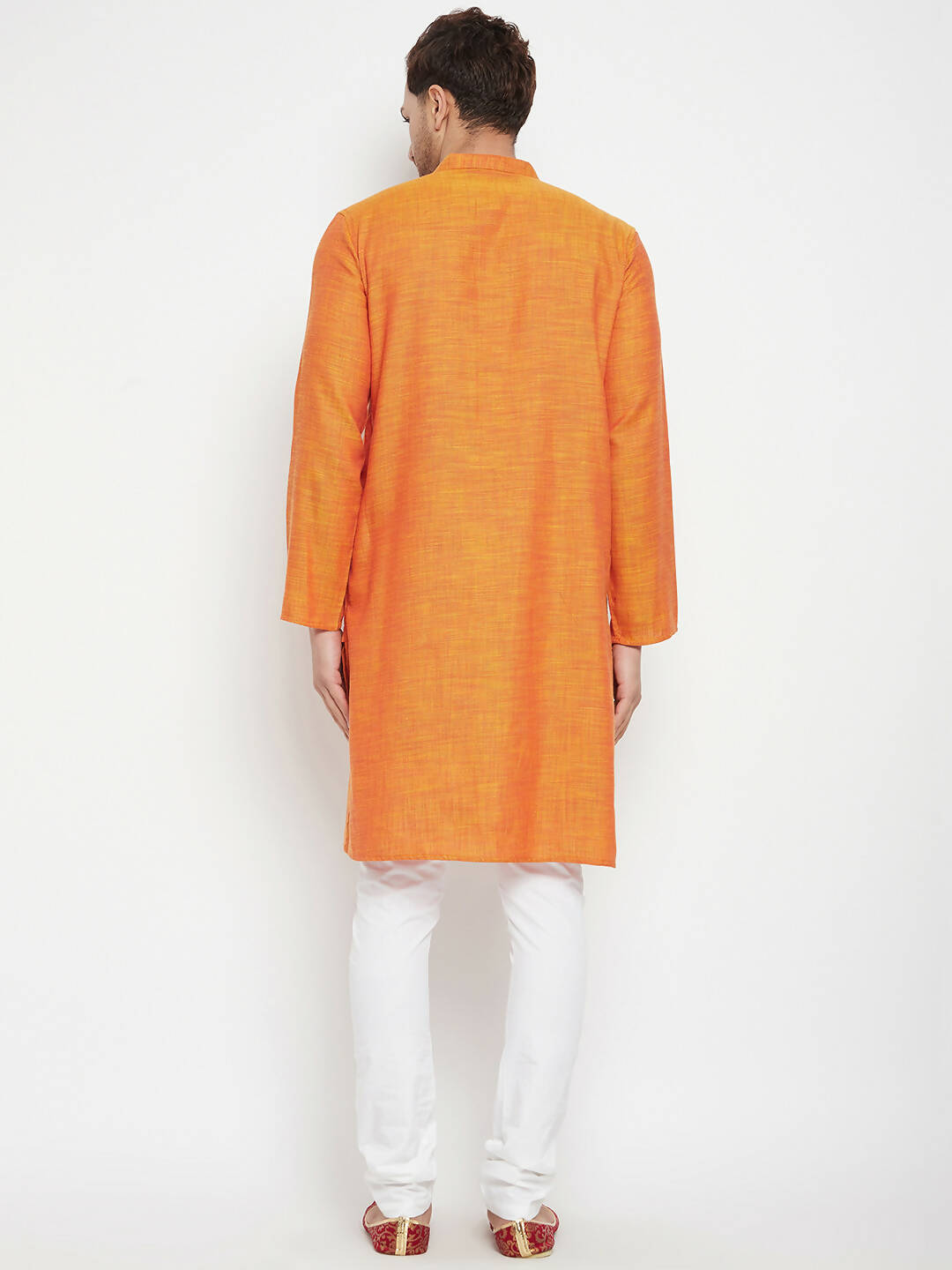 Even Apparels Orange Pure Cotton Long Men's Kurta With Band Collar | Swadesiicart