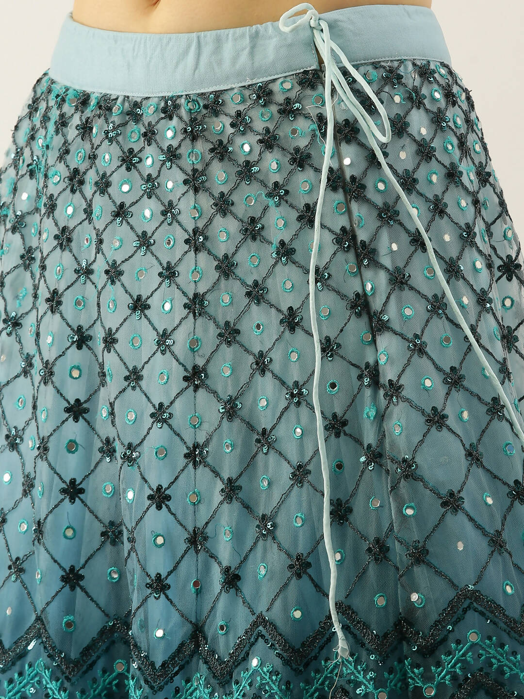 House of Panchhi Women Teal Net Embroidered Sequins Lehenga & Blouse with Dupatta | Swadesiicart