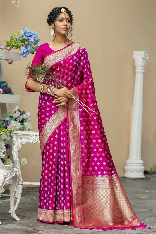 Vishnu Weaves Women's Wine Banarasi Silk Zari Woven Saree with Unstitched Blouse - Swadesiicart