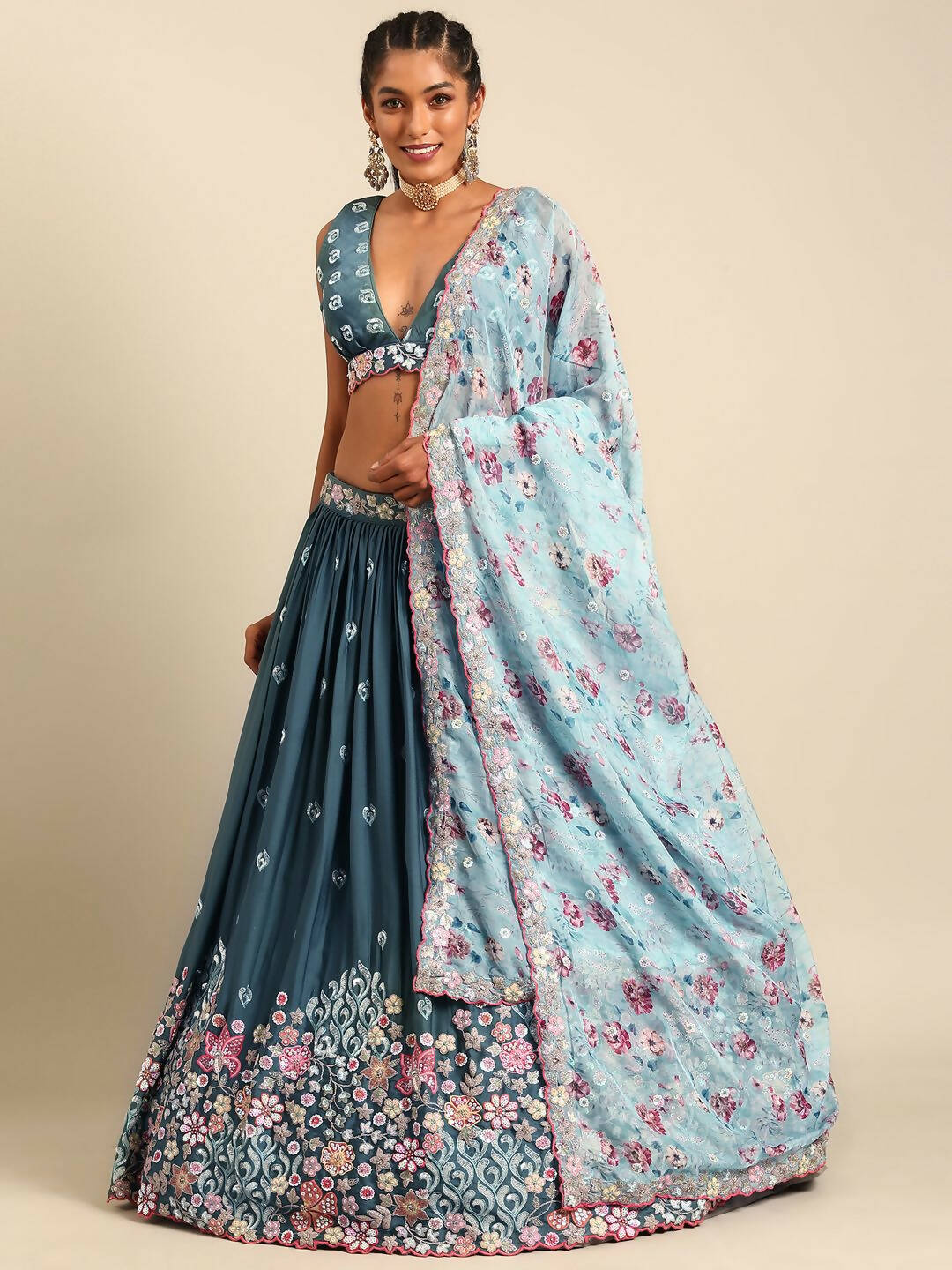 House of Panchhi Teal Blue Chinon Sequins embroidery Lehenga choli & Dupatta | Swadesiicart