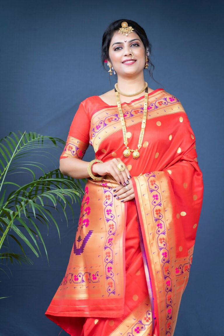 Jyoti Fashion Women's Red Paithani Silk Zari Woven Saree with Blouse | Swadesiicart