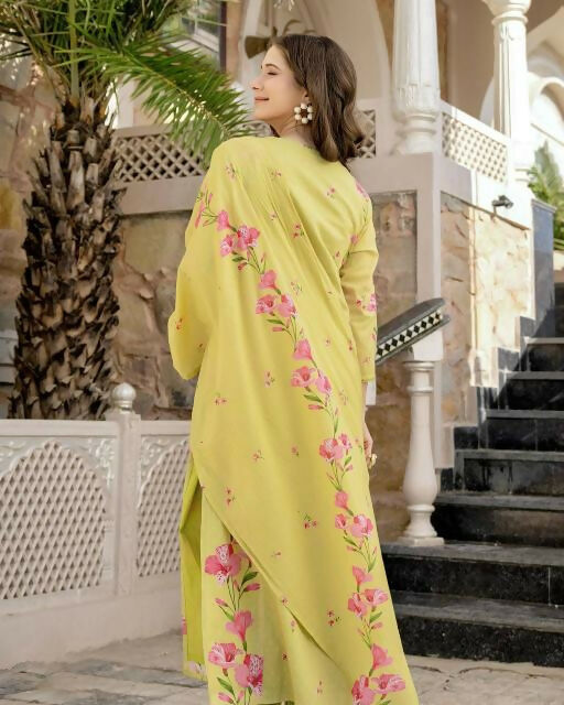 The52 Lemons Women's Beautiful Chanderi Fabric Printed Work Straight Kurta Pant and Dupatta Set - Swadesiicart