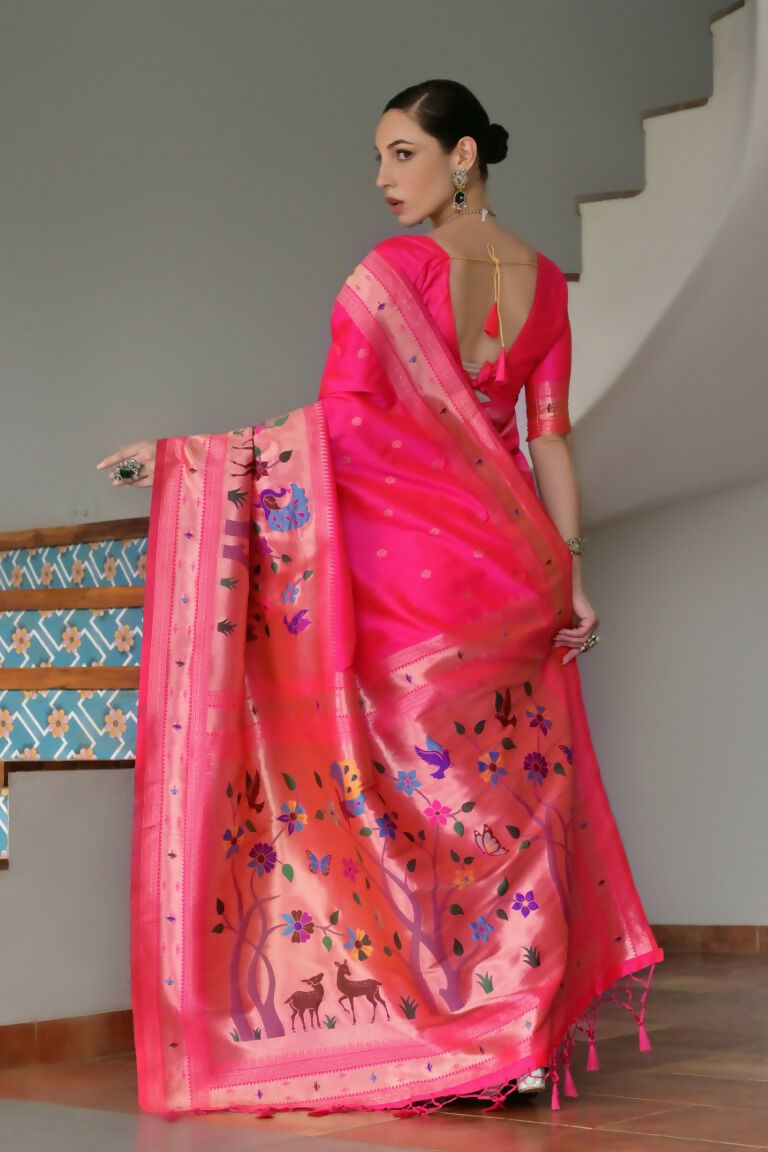 Vishnu Weaves Women's Pink Paithani Silk Zari Woven Saree with Blouse - Swadesiicart