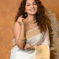 Very Much Indian Handloom Pure Cotton Linen Saree With Golden Border - White | Swadesiicart