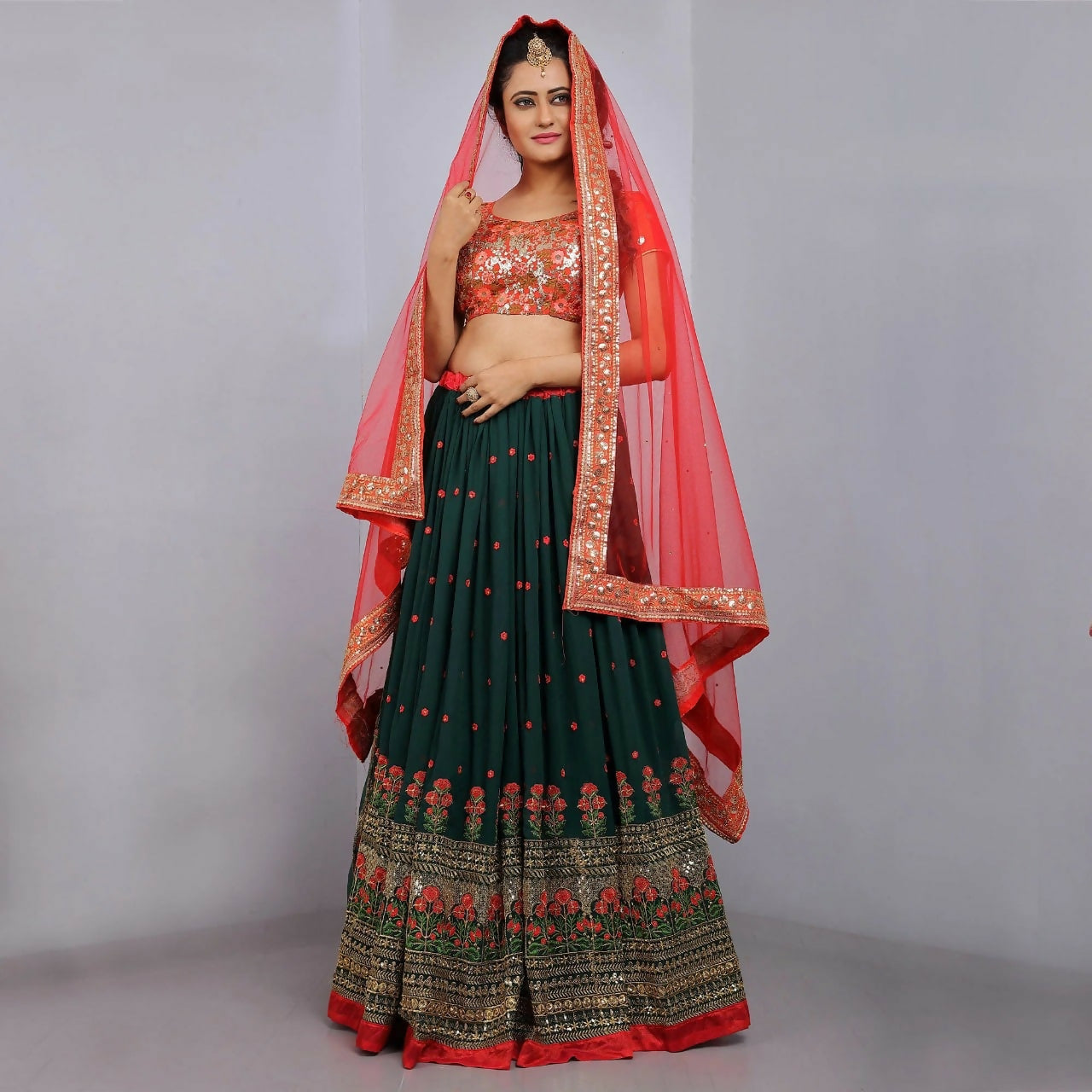 Jyoti Fashion Red & Bottle Green Thread & 3mm Sequence Embroidery Georgette Lehenga Choli with Dupatta | Swadesiicart