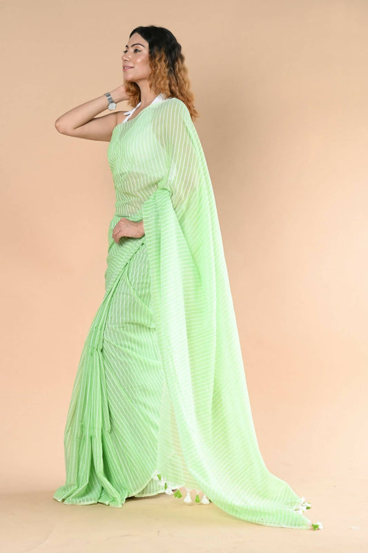 Very Much Indian Designer Pure Cotton Saree With All Over Linear Stripes - Fern Green | Swadesiicart