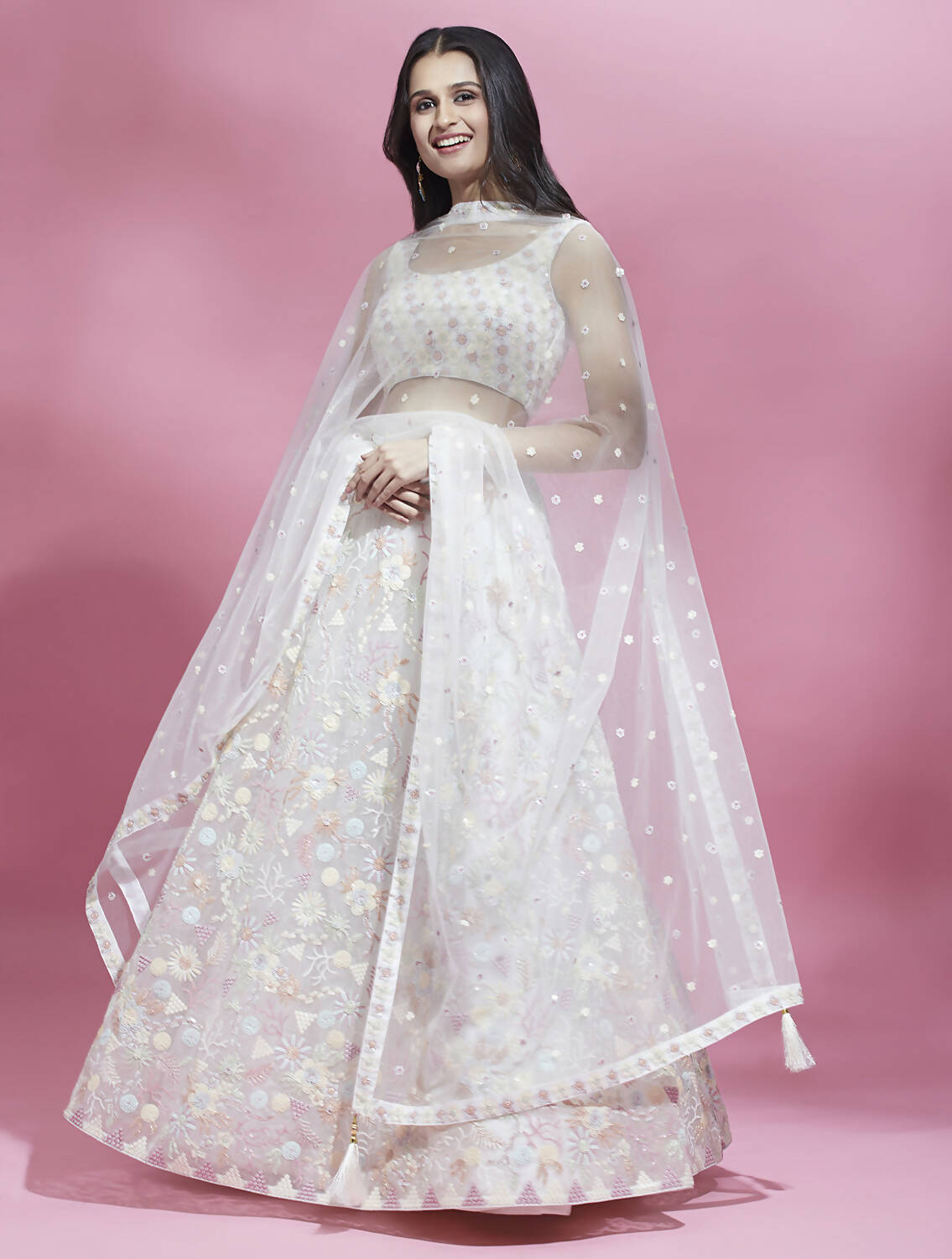 House of Panchhi Cream Net heavy Sequinse embroidery Lehenga choli & Dupatta | Swadesiicart