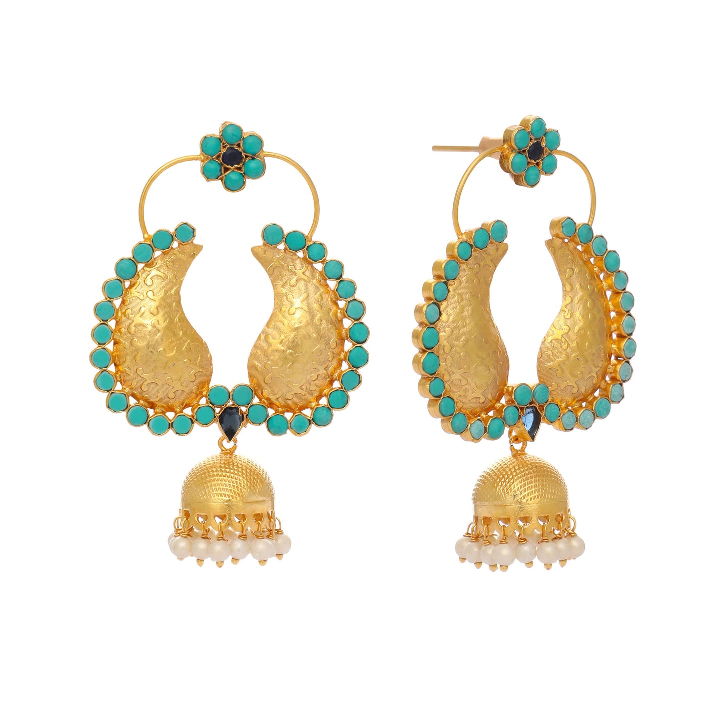 Nuyug 22K Gold Plated Turquoise Stone Studded Contemporary Mini Jhumki Dangler Earrings | Swadesiicart