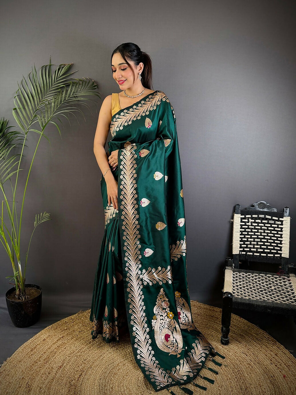 Joban Fashion Banarasi Deep Teal Woven Soft Silk Saree | Swadesiicart
