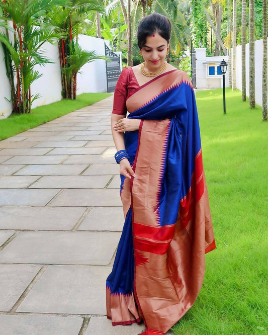 DEIANA'S Beautiful Designer Golden zari Soft Lichi Silk Saree - Blue - Swadesiicart