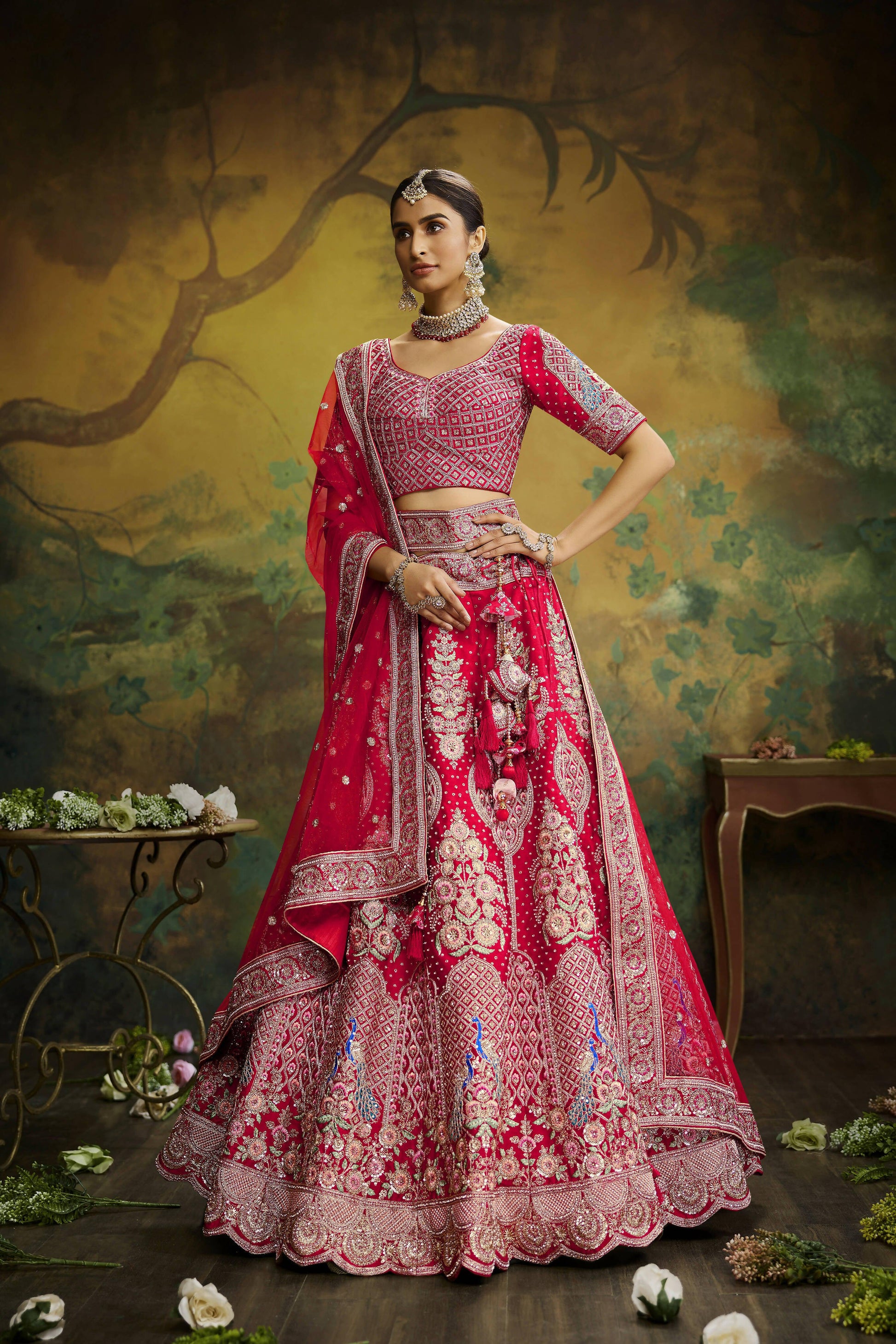 House of Panchhi Red Pure Silk Moti & Zarkan heavy embroidery Lehenga choli & Dupatta | Swadesiicart