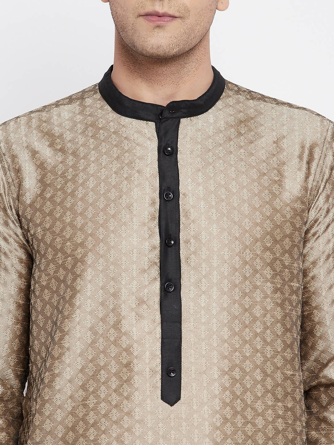 Even Apparels Beige Art Silk Men's Kurta With Contrast Collar And Placket | Swadesiicart