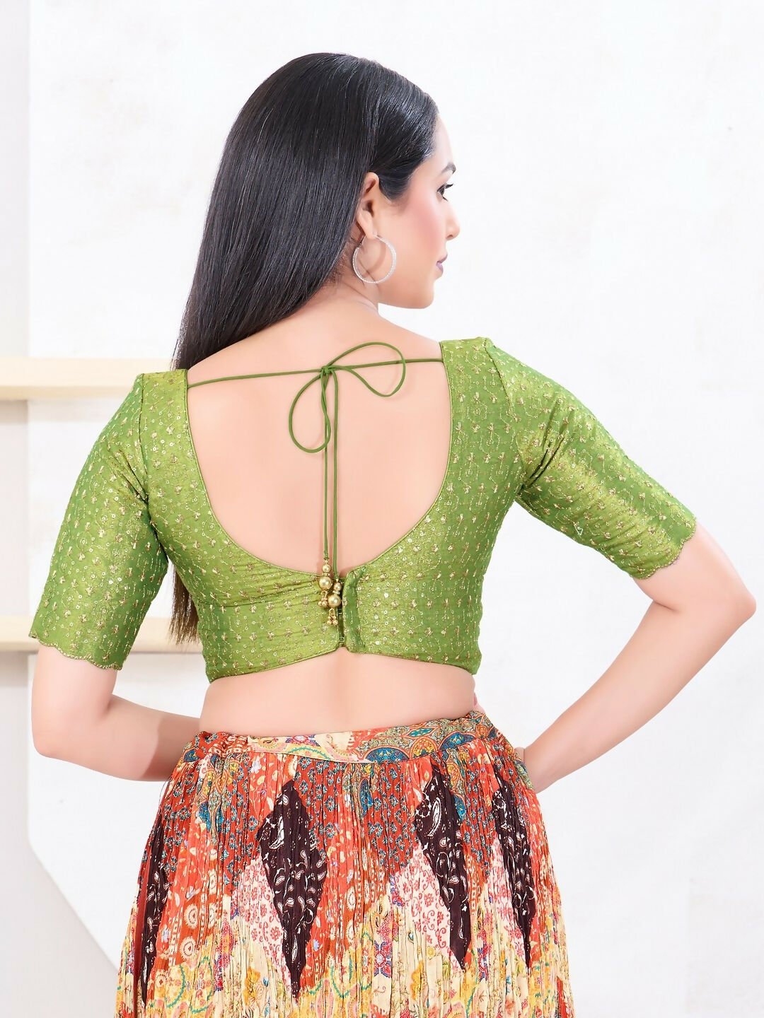 Joban Fashion Green Tissue Elbow Sleeveless Back Open Blouse - Swadesiicart