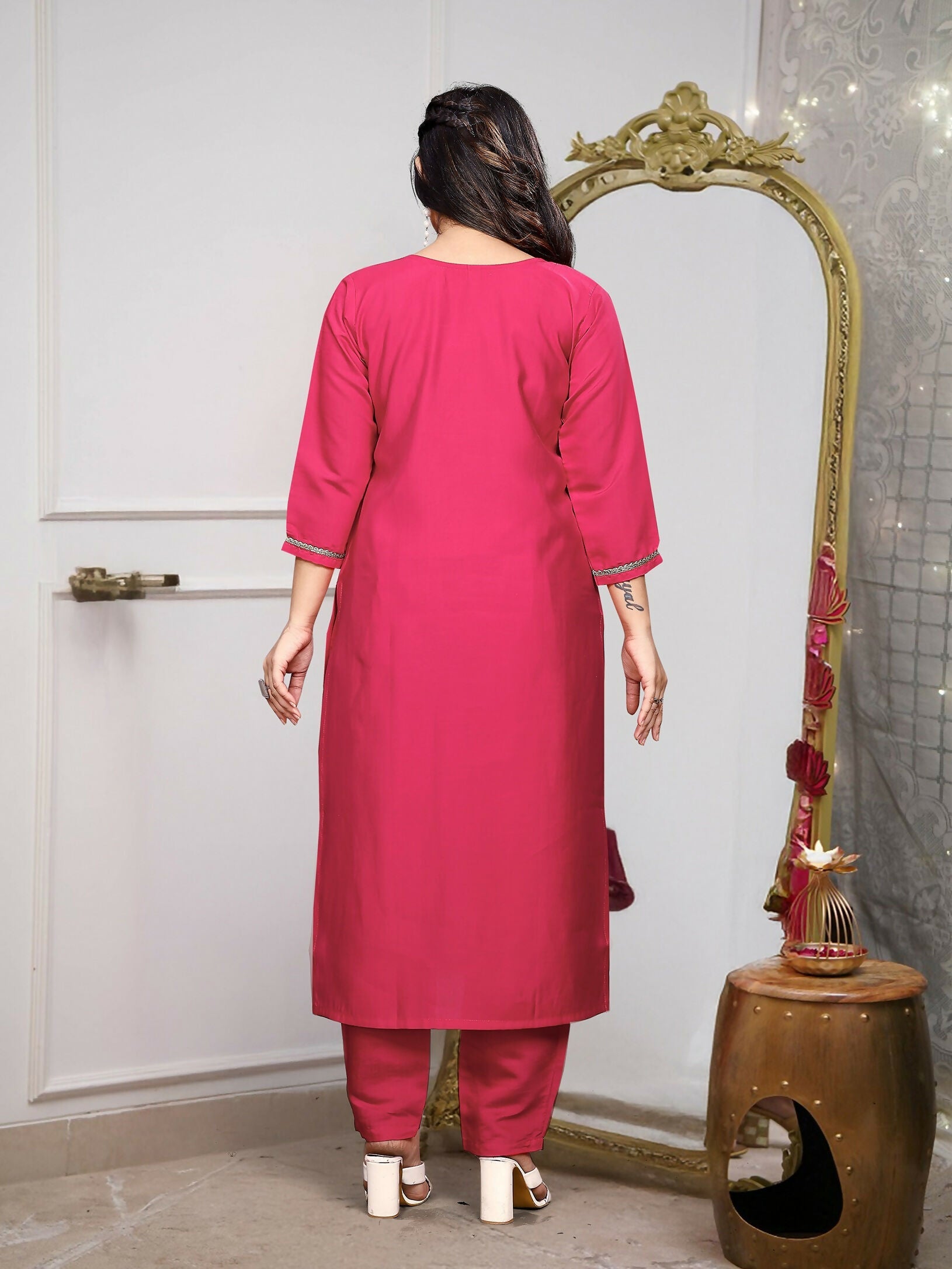 The52 Gajri Women's Gorgeous Embroidered Viscose Chanderi Fabric Straight Kurta Pant with Dupatta Set - Swadesiicart