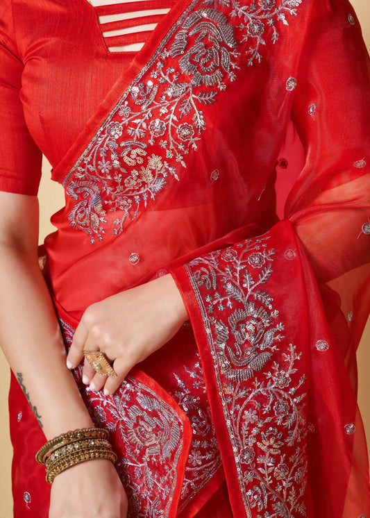 Vamsee Red Organza Saree - Swadesiicart