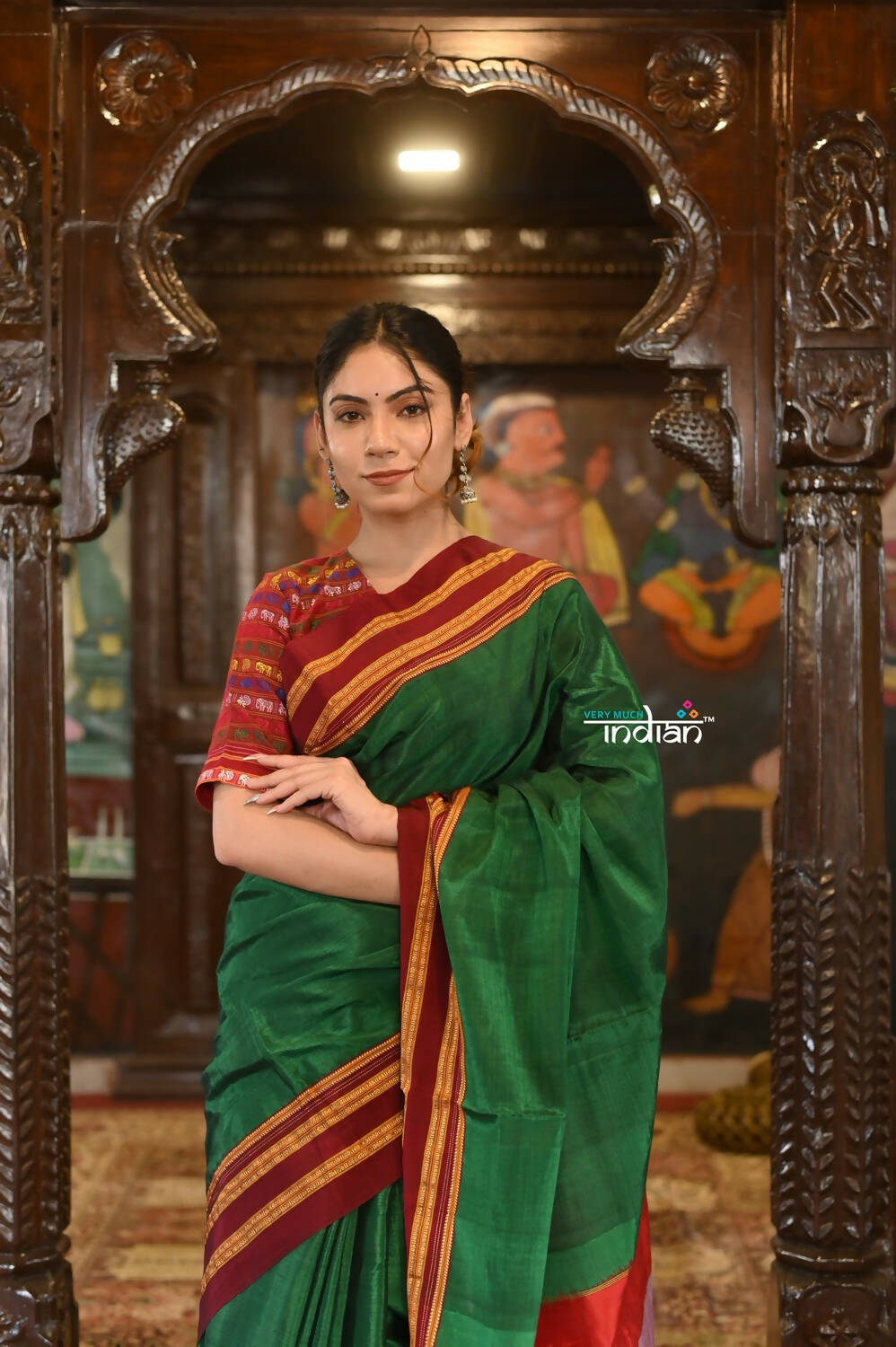 Very Much Indian Handloom Cotton Viscose Ilkal Saree Bright Green With Red Border | Swadesiicart