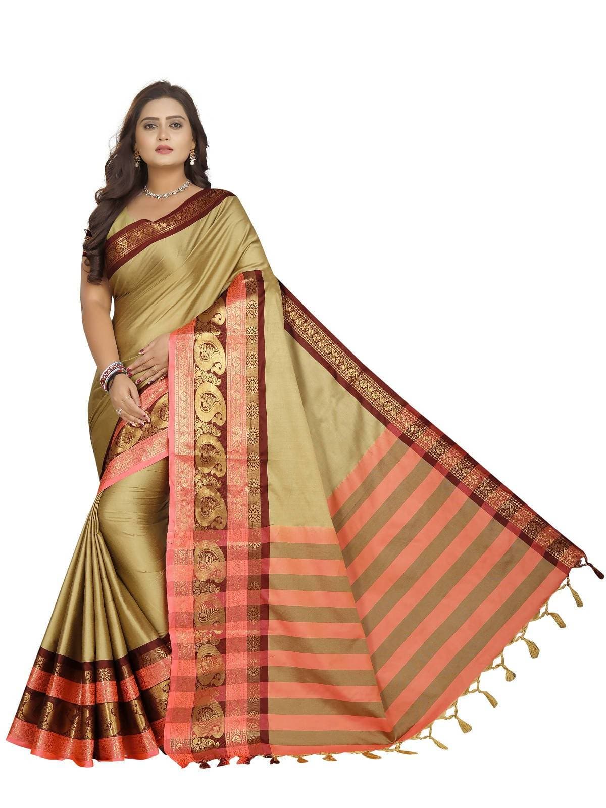 Vamika Banarasi Silk Cream Weaving Saree | Swadesiicart