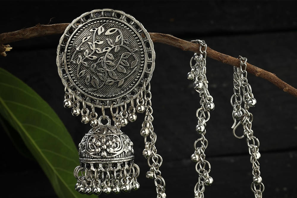 Mominos Fashion Johar Kamal Trendy Oxidized Silver Plated Bahubali Jhumkas - Swadesiicart