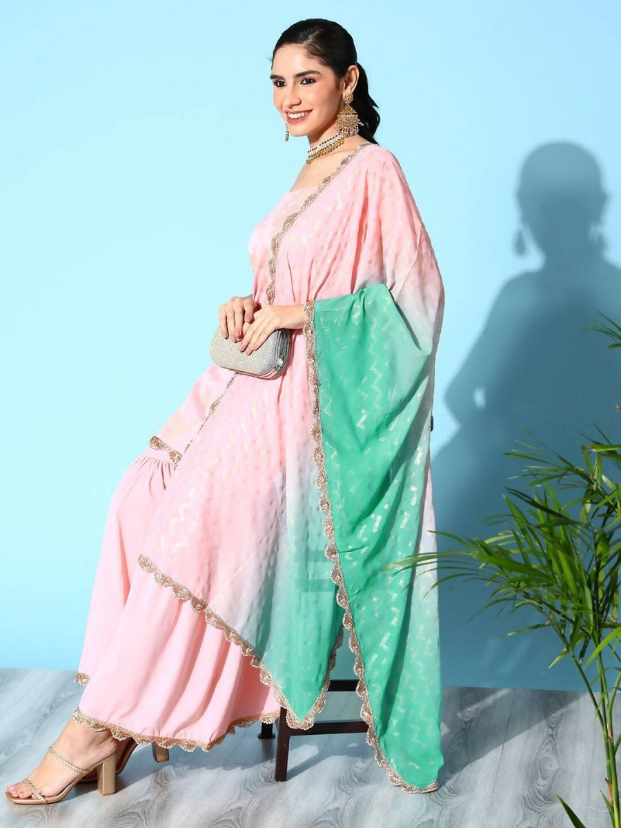 Ahalyaa Women's Baby Pink Crepe Gold Smoke Printed Kurta Sharara Set With Dupatta | Swadesiicart