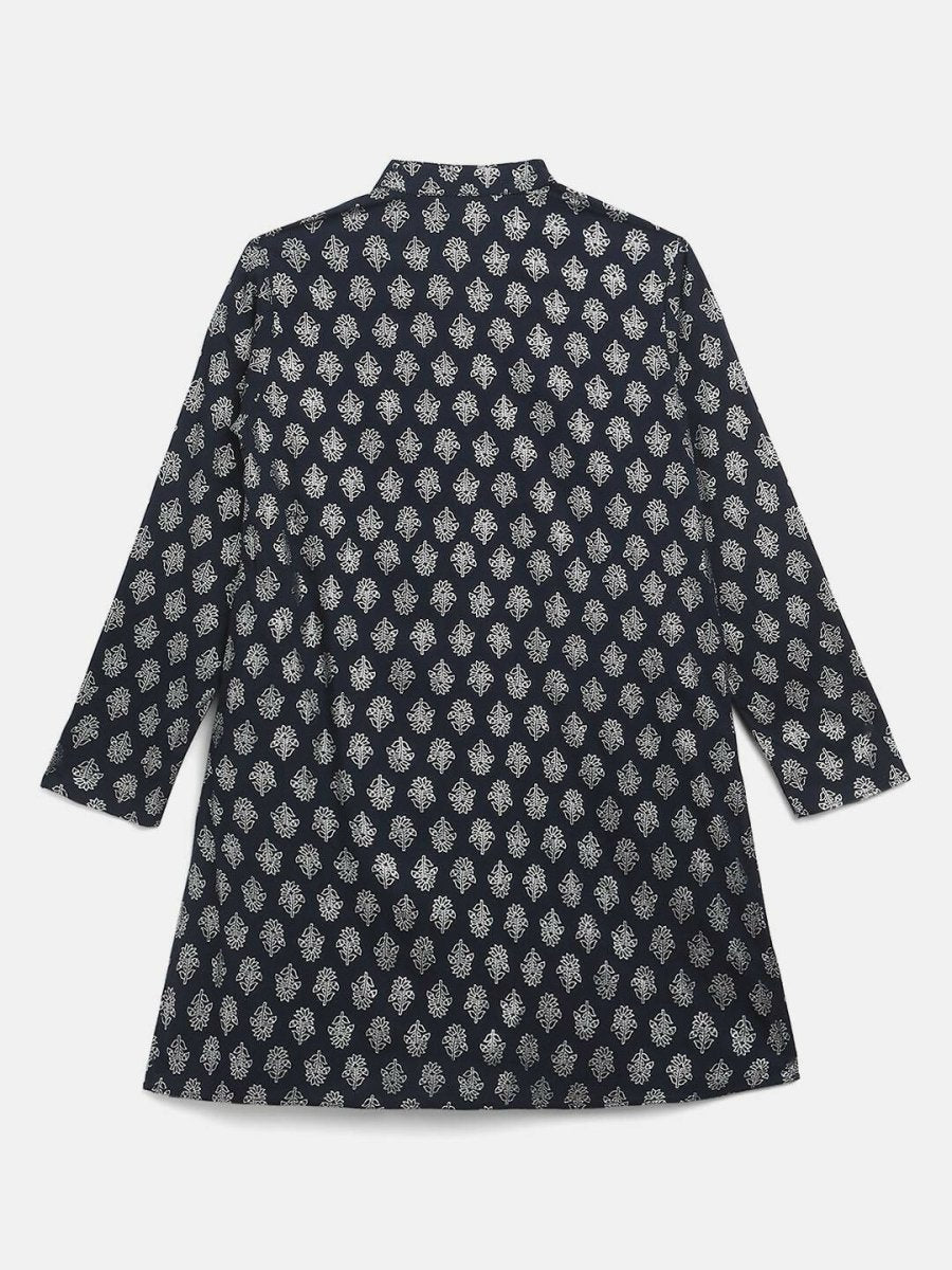 Ahalyaa Navy Blue Poly Rayon Silver Foil Print Kids Kurta Churidar Set For Boys | Swadesiicart