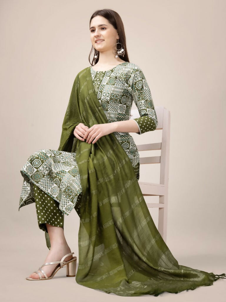 Jyoti Fashion Women's Mehendi Rayon Print with Embroidery & Fancy Lace Work Kurta with Trouser & Dupatta | Swadesiicart