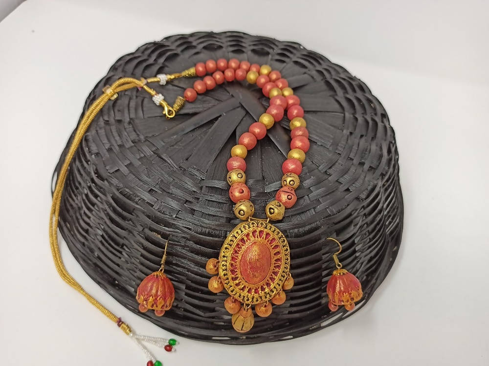 Terracotta Medium Necklace Set With Hangings-Golden Pink | Swadesiicart