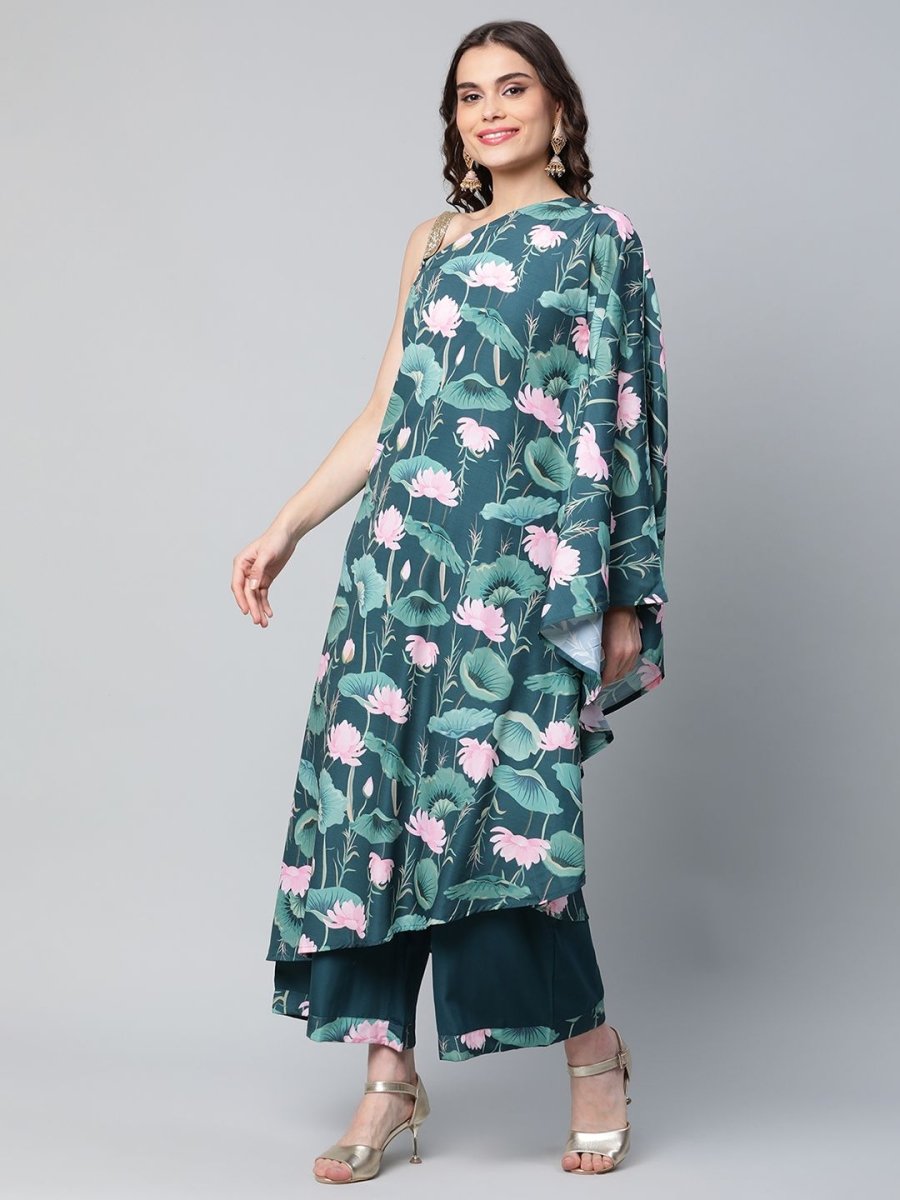 Ahalyaa Women Green Crepe Floral Printed Kurta with Palazzo Set | Swadesiicart