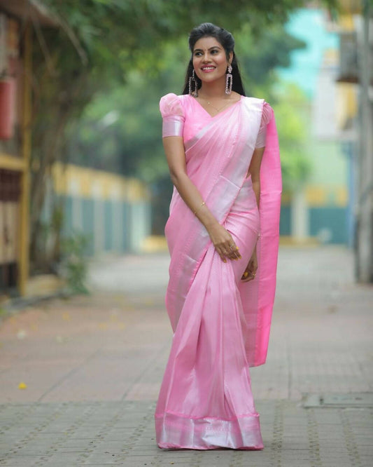 DEIANA'S Beautiful Designer Golden zari Soft Lichi Silk Saree - Baby pink - Swadesiicart