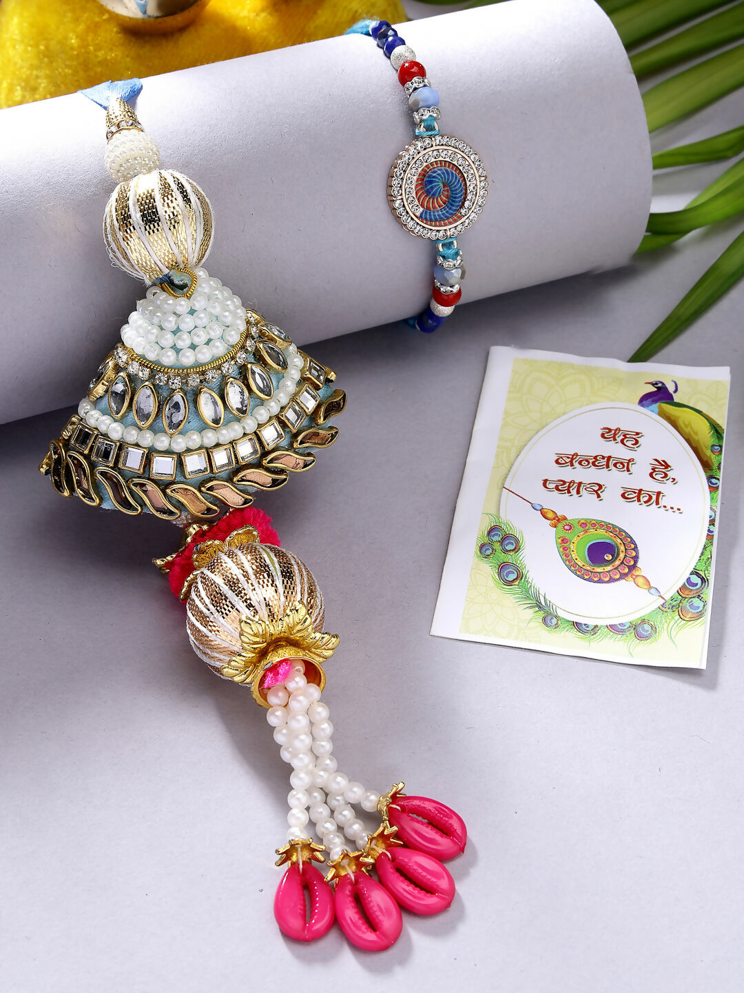 NVR Women & Men Set of 2 Blue Kundan-Studded & Beaded Bhaiya Bhabhi Rakhi With Roli Chawal & Chocolate | Swadesiicart