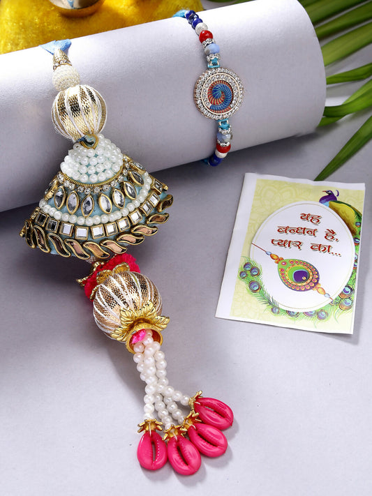 NVR Women & Men Set of 2 Blue Kundan-Studded & Beaded Bhaiya Bhabhi Rakhi With Roli Chawal & Chocolate | Swadesiicart