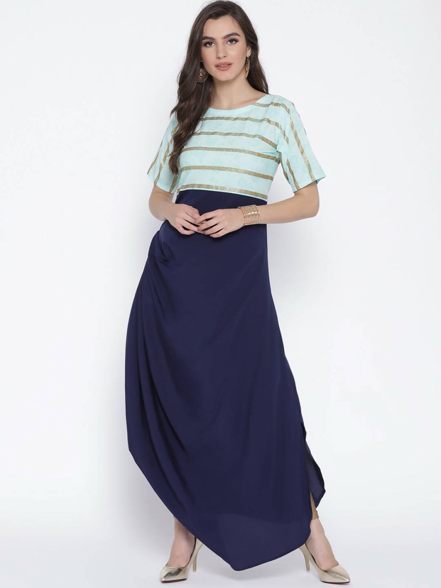 Ahalyaa Blue Crepe One Side Gathered Drape Kurta Dress | Swadesiicart