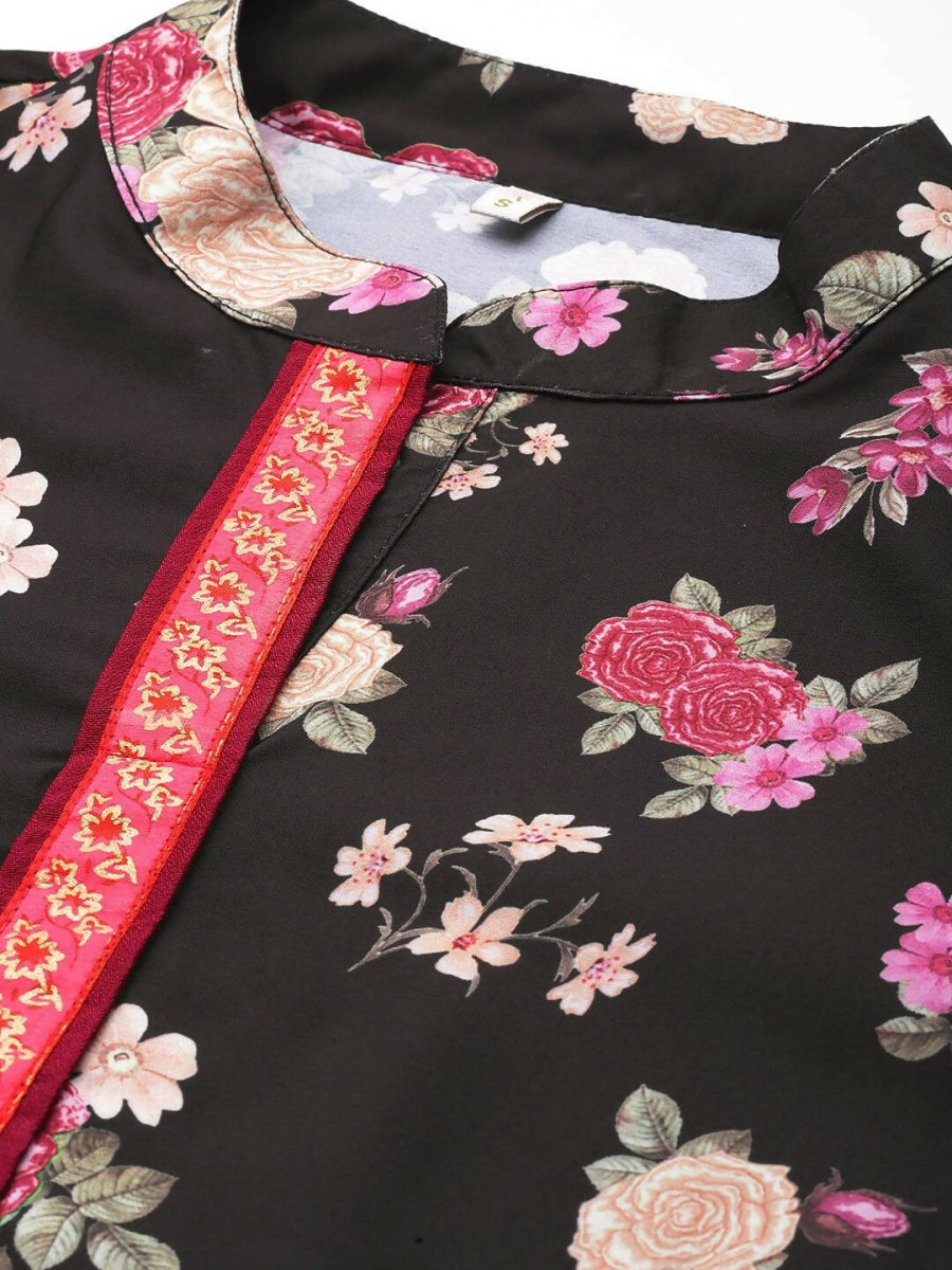 Ahalyaa Women Floral Printed Tunic with Palazzos - Black Color | Swadesiicart