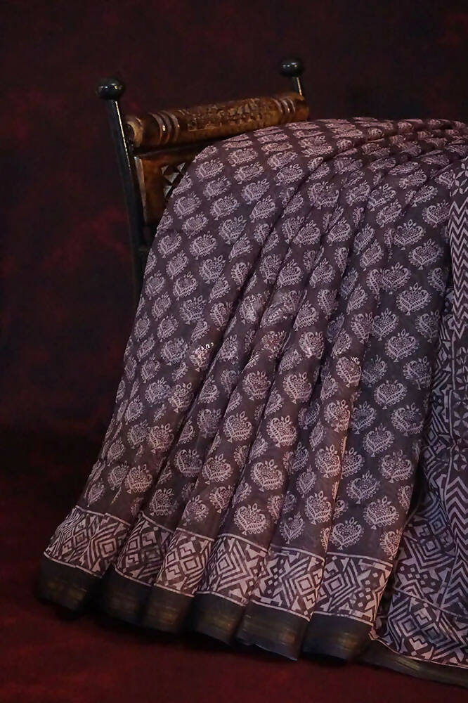 Dark Brown Ikat Design Semi Chanderi Saree By Gayathri Reddy Designer Studio | Swadesiicart