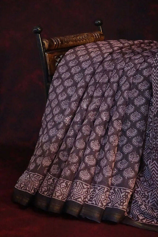 Dark Brown Ikat Design Semi Chanderi Saree By Gayathri Reddy Designer Studio | Swadesiicart