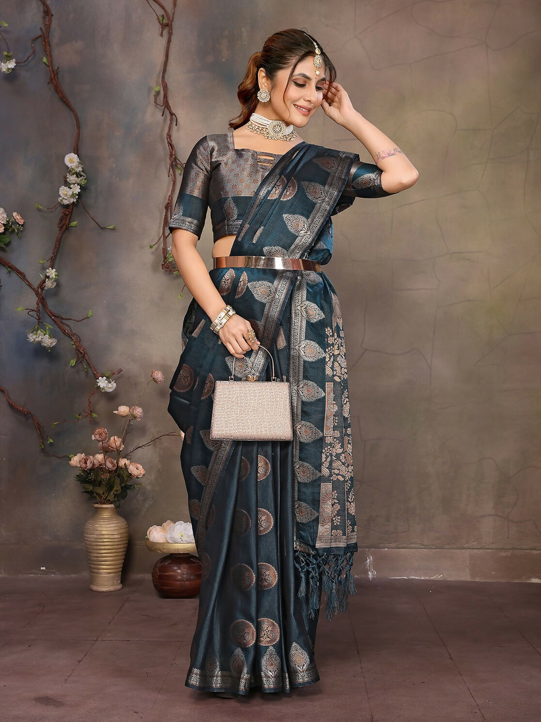 Joban Fashion Teal Blue Woven Jacquard Banarasi Silk Sarees | Swadesiicart