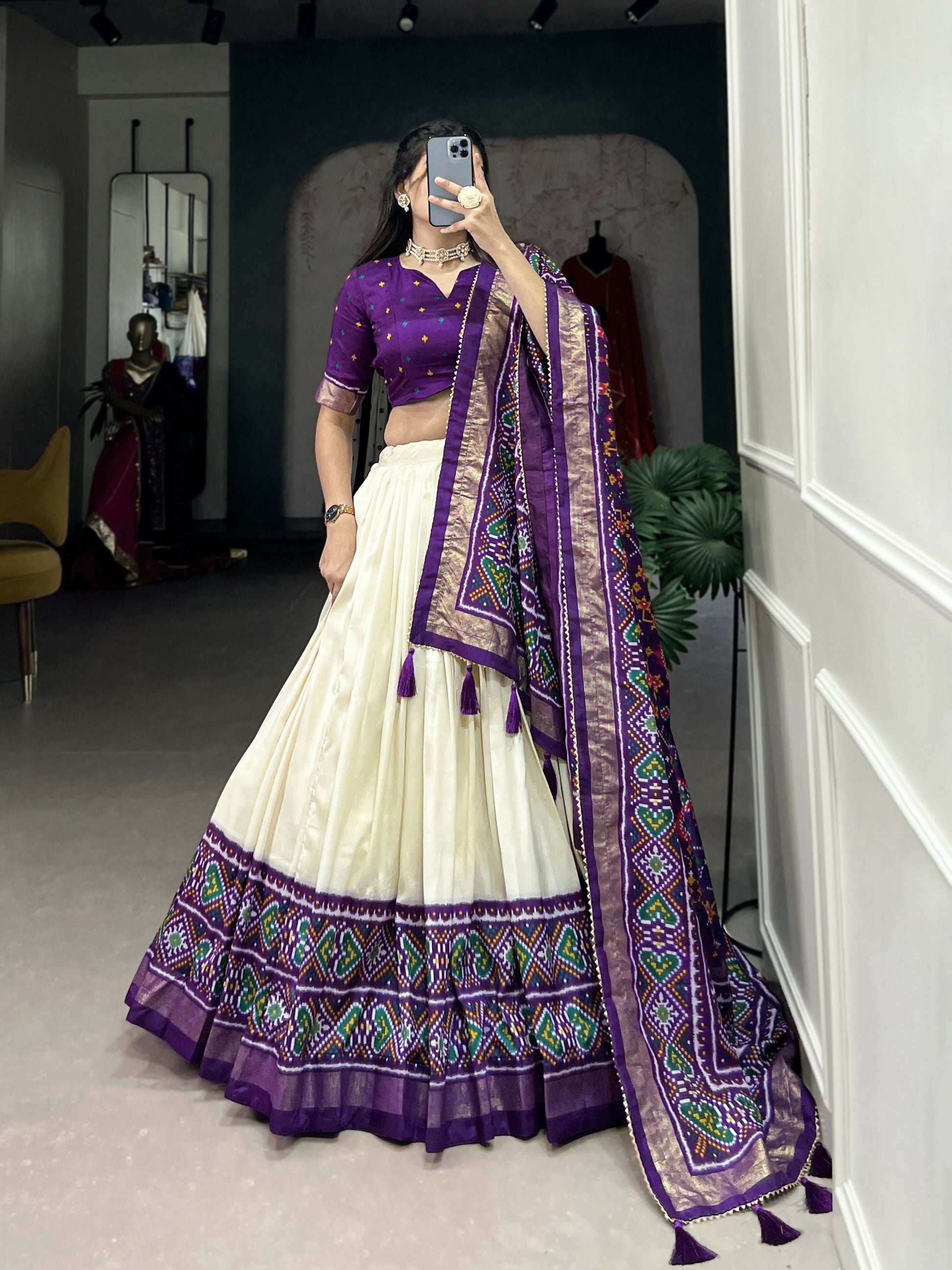 Lorenvalley Offwhite and Purple Tussar Silk Patola Print Lehenga Choli | Swadesiicart
