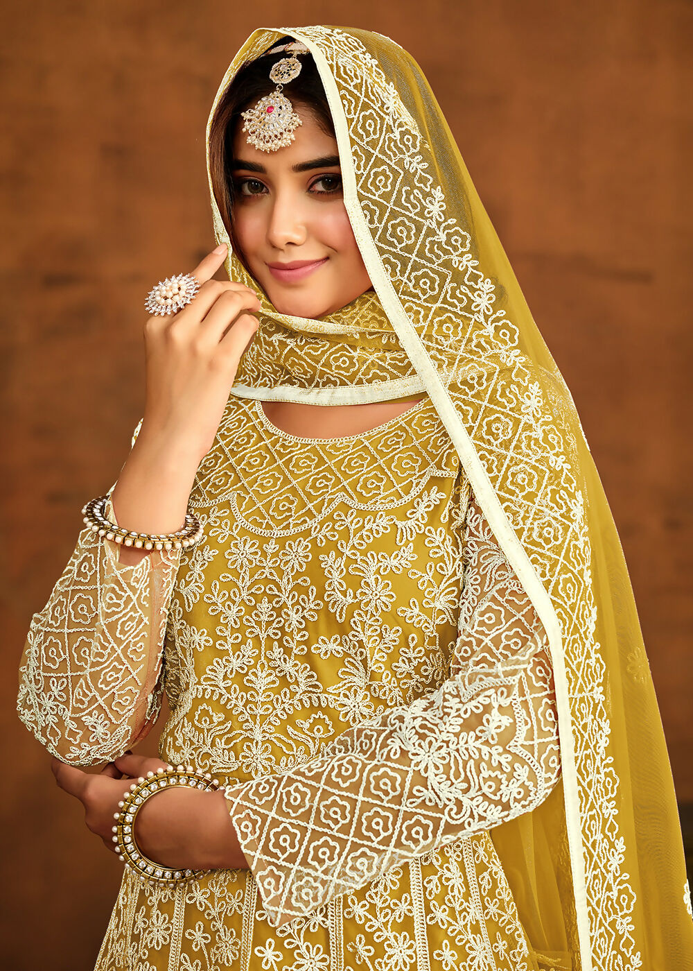 Yellow All Over Embroidered Net Wedding Anarkali Suit - Emponline | Swadesiicart