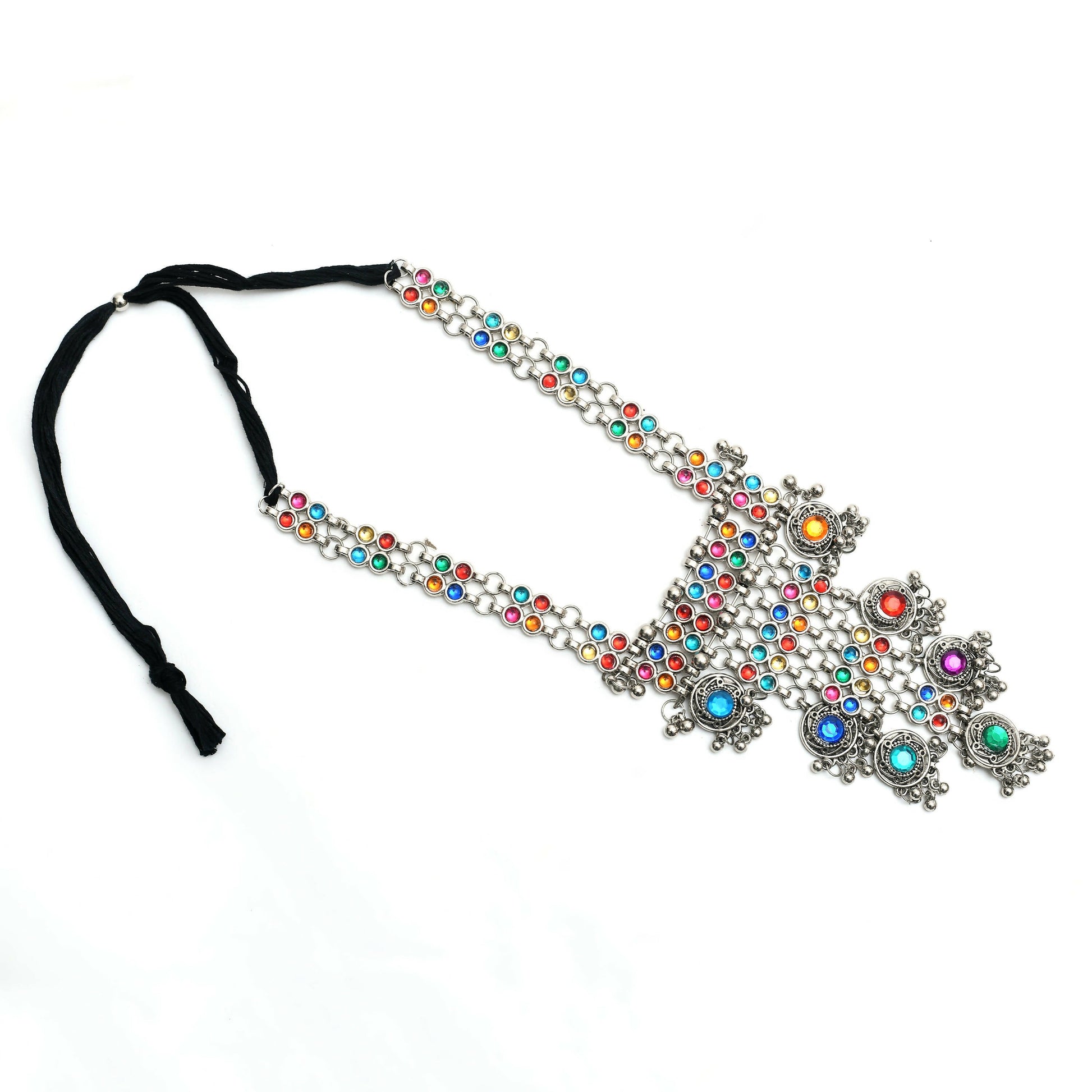 Mominos Fashion Johar Kamal Oxidised Silver-Plated Brass Finish Multi Kundan Afghani Long Necklace For Women | Swadesiicart