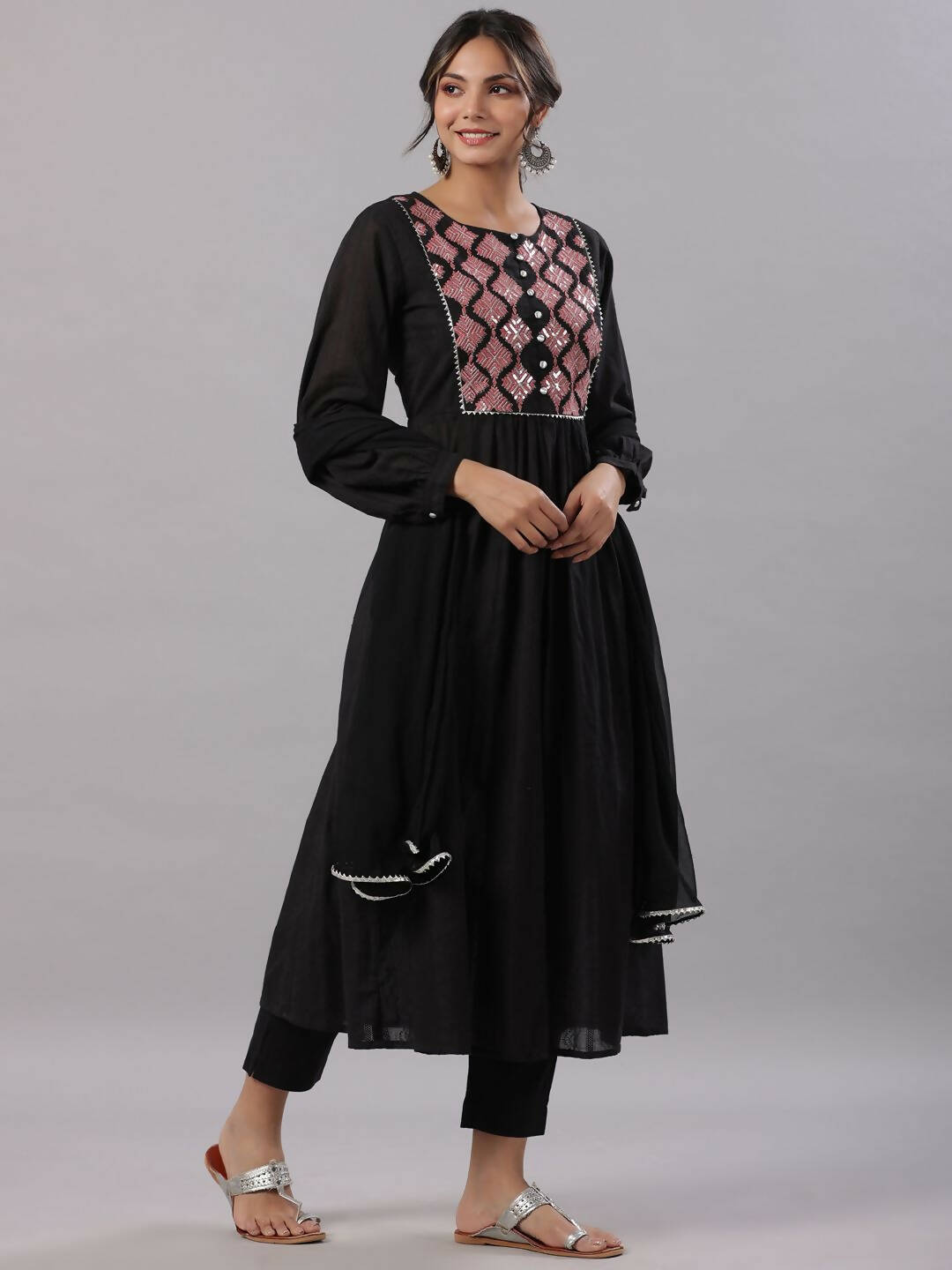 Juniper Women's Black Cotton Dobby Solid With Embroidery Flared Kurta Sets | Swadesiicart
