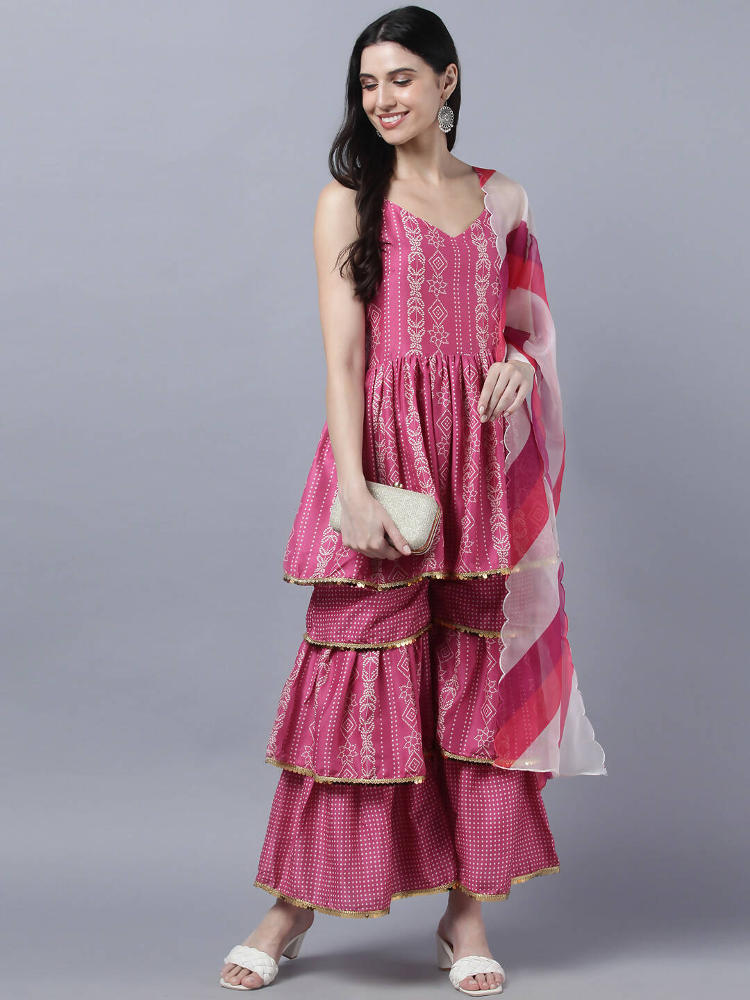 Myshka Stylish Pink Sleeveless Women's Kurta Sharara with Dupatta Set | Swadesiicart