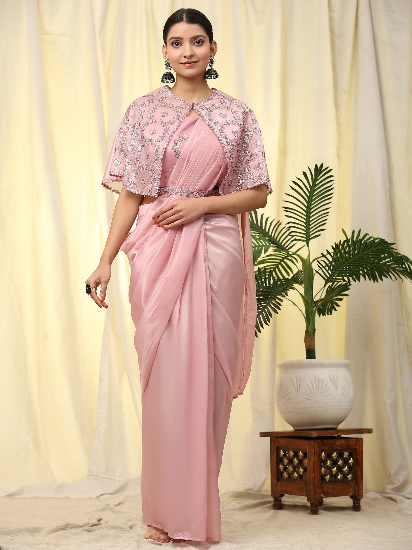 Pink Satin Solid Ready to wear Saree with stitched Blouse - Vanita | Swadesiicart