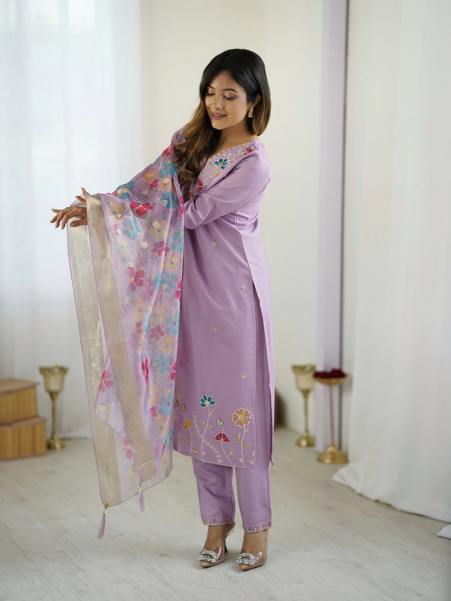 The52 Lavender Women's Gorgeous Embroidered work Viscose Gadhwal Fabric Straight Kurta, Pant and Dupatta Set - Swadesiicart