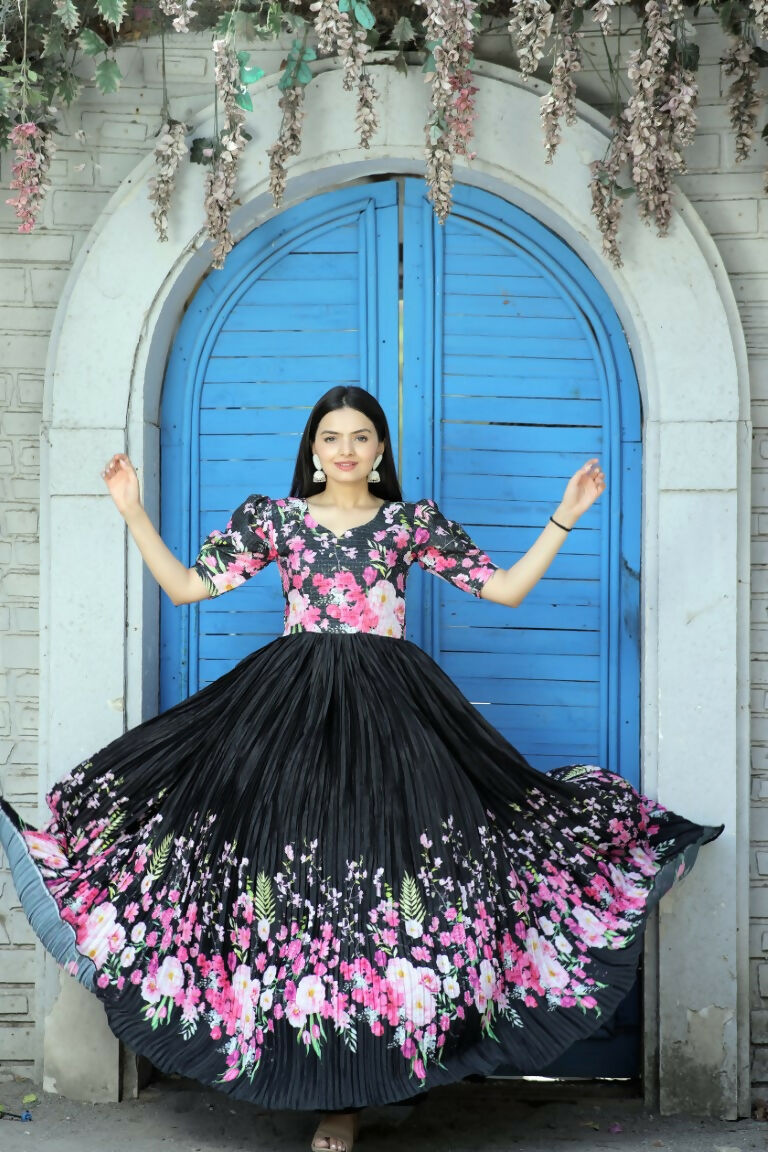 Jyoti Fashion Women's Black Floral Digital Printed Chinon Anarkali Dress | Swadesiicart