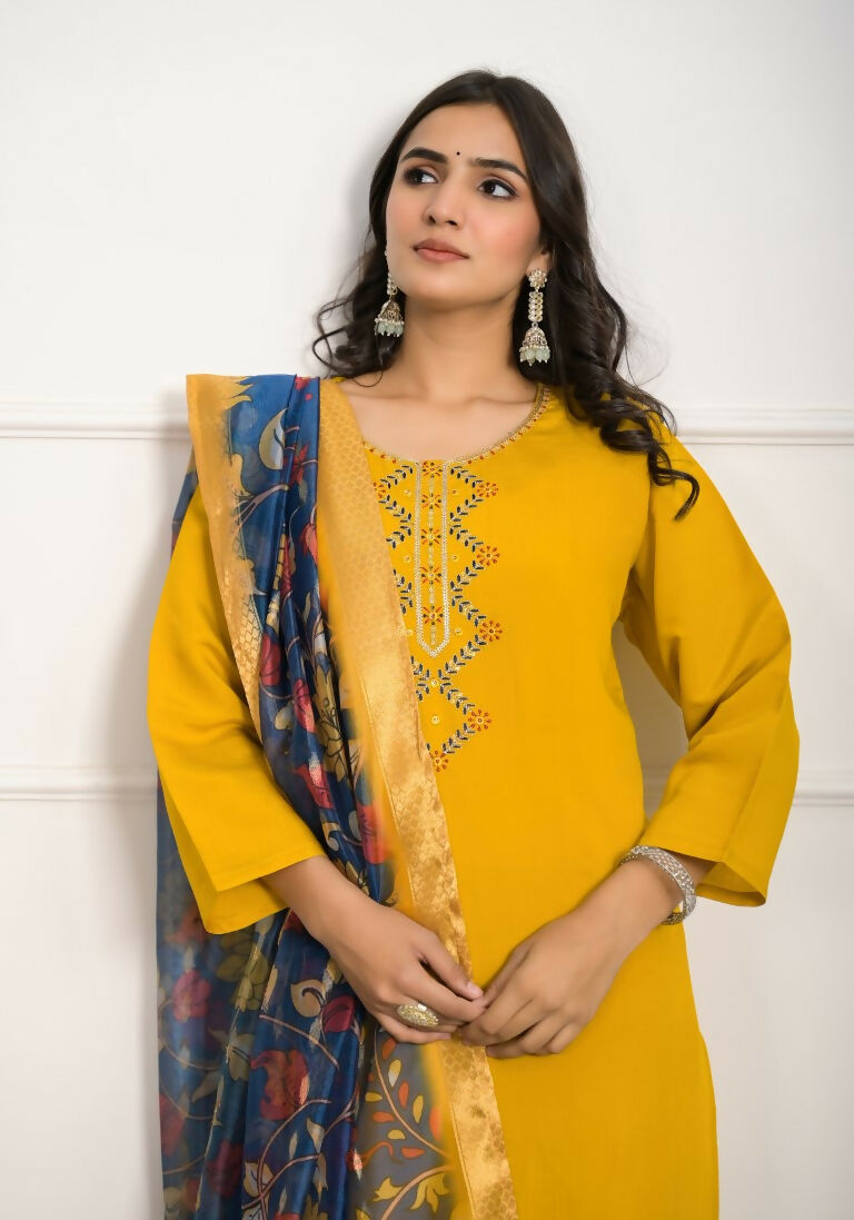 Festive Wear Ethnic YellowViscose Chanderi Stitched Suit With Dupatta - Tanisha | Swadesiicart